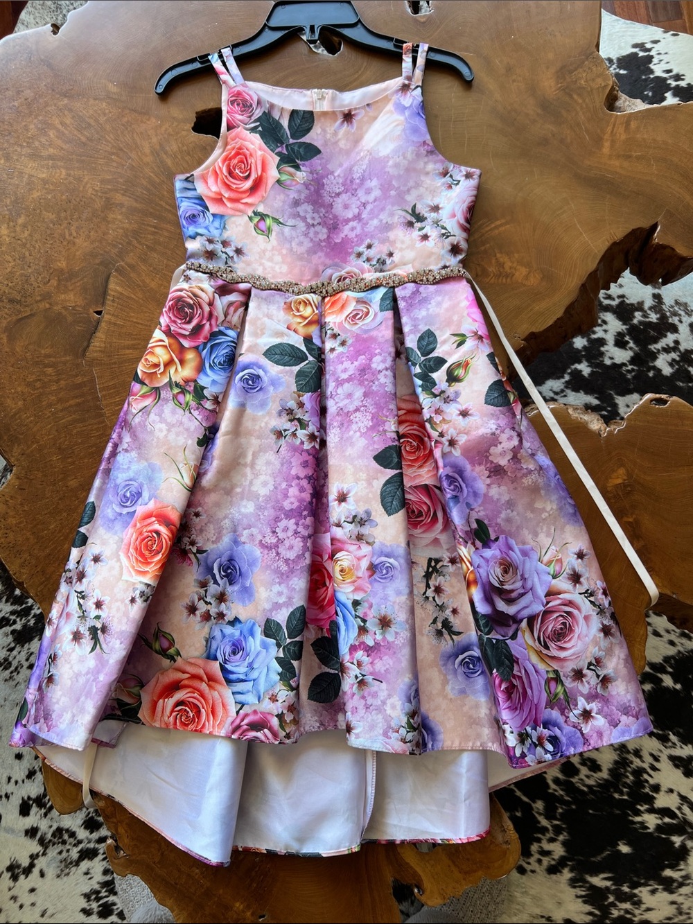 Floral Pink & Purple Girls' Party Dress with Rhinestone Waist
